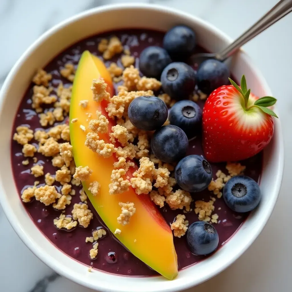 a photo of a traditional Portuguese açai bowl topped with granola and tropical fruits.