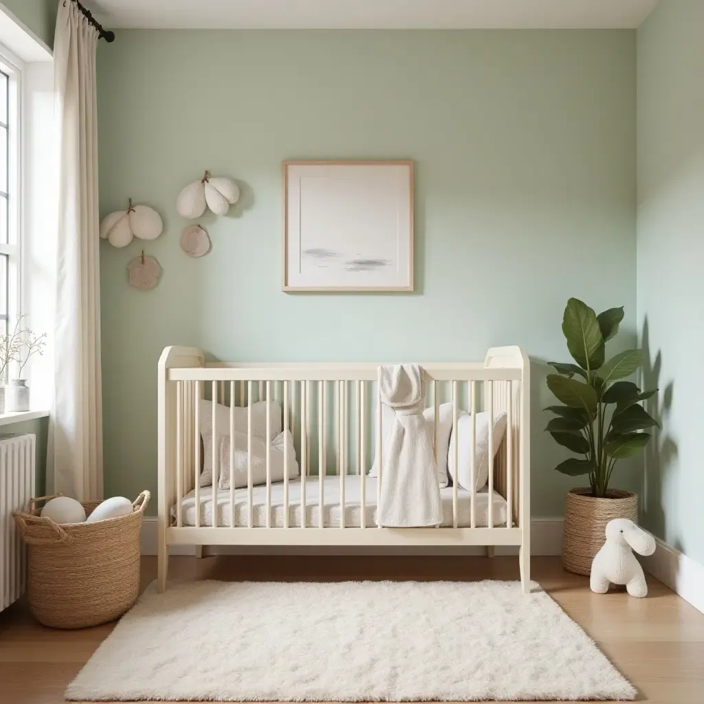 a photo of a nursery with a soothing color scheme and nature-inspired decor