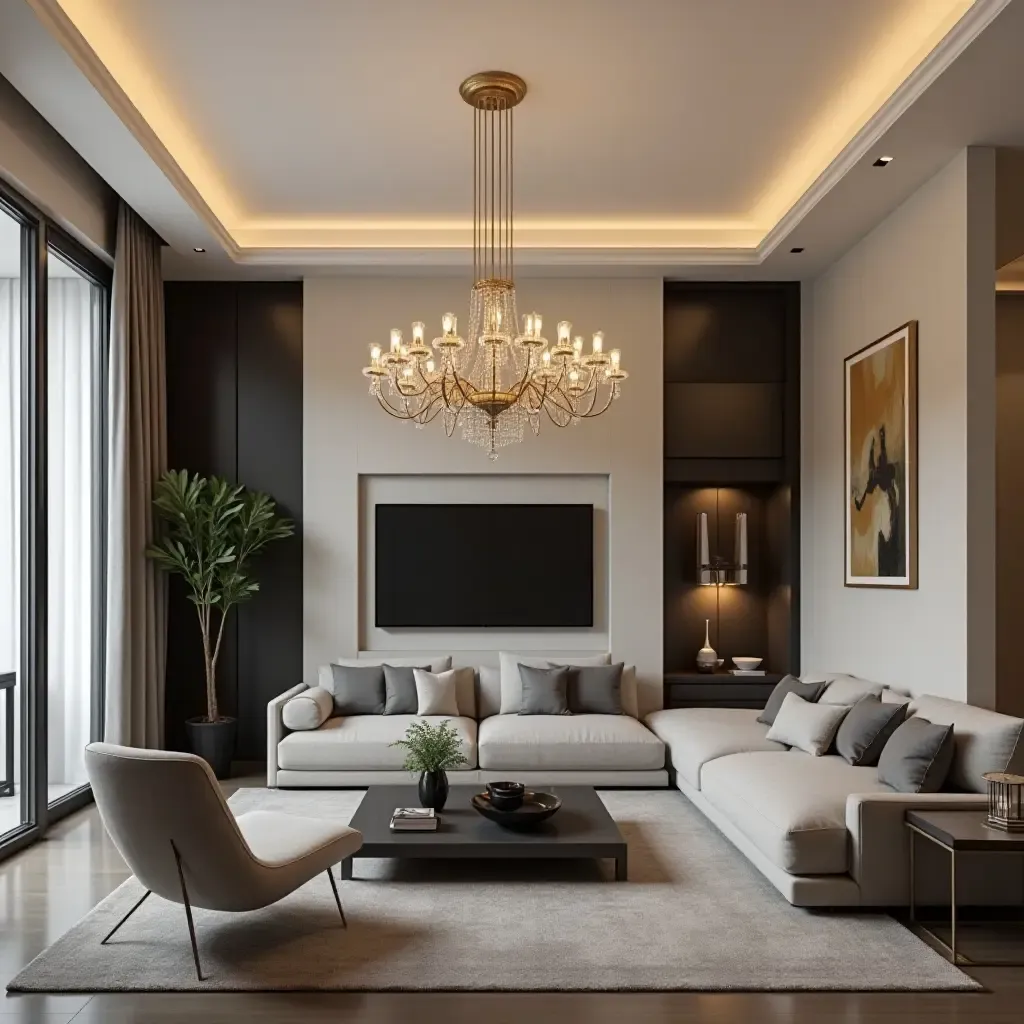 a photo of an elegant chandelier hanging in a stylish living room