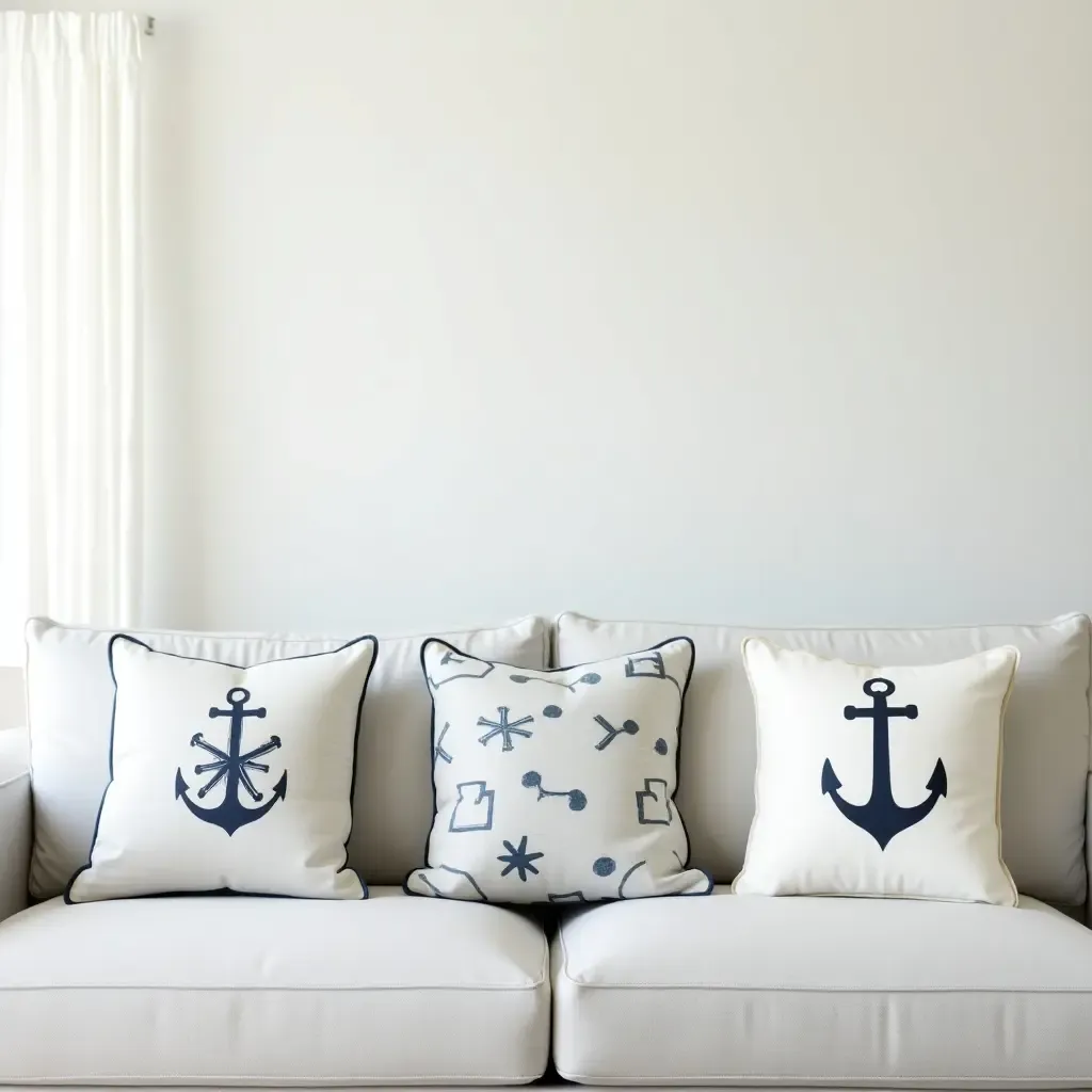 a photo of a coastal-themed living room with nautical throw pillows on a beachy couch