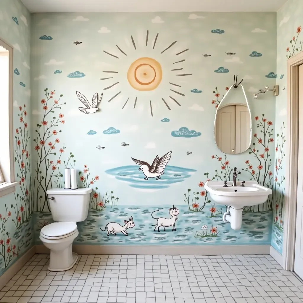 a photo of a playful mural featuring bathroom-themed illustrations