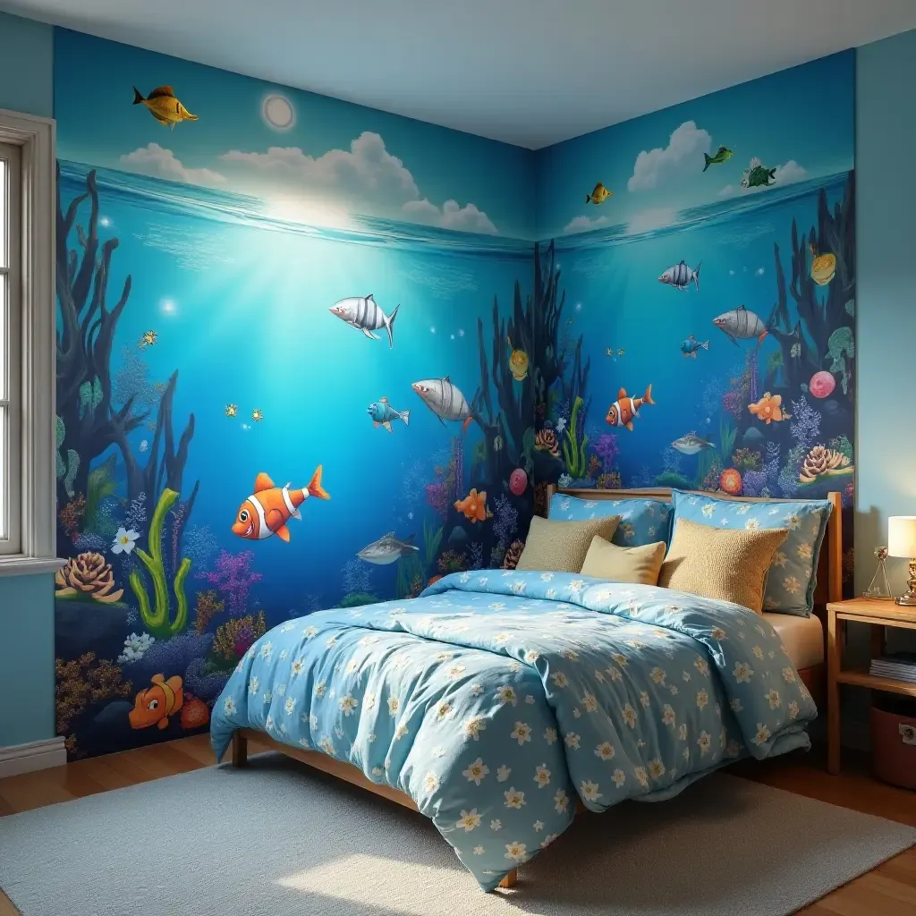 a photo of a bedroom with a magical underwater theme and ocean decor