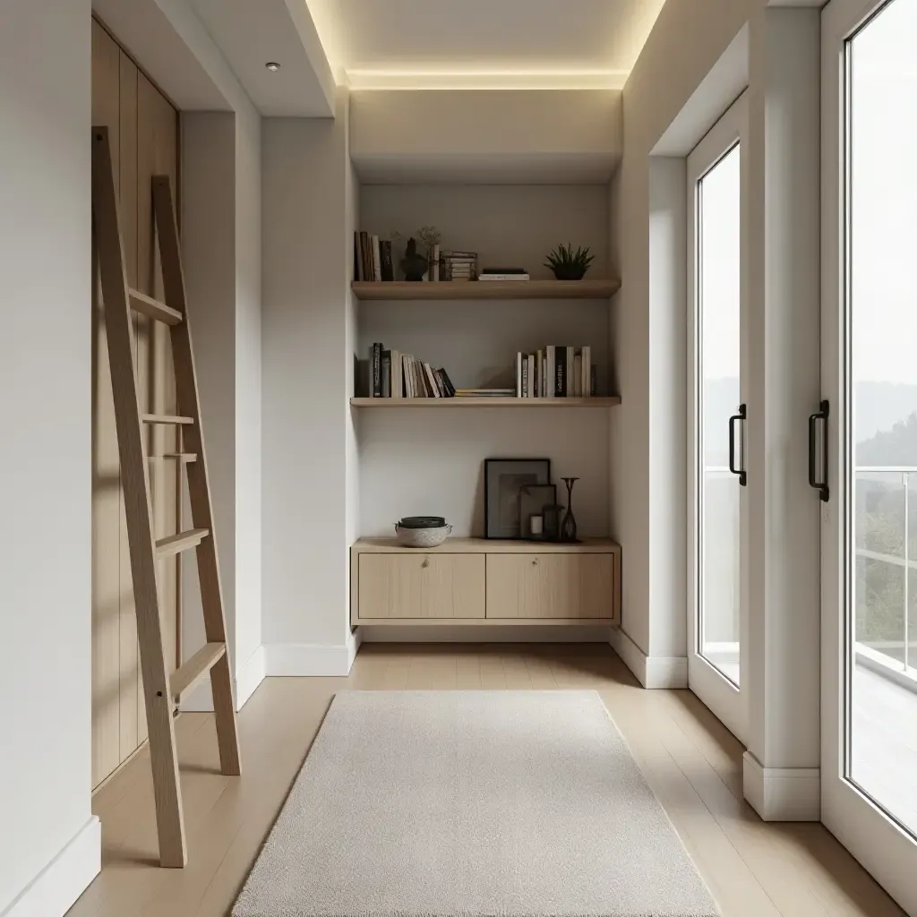 a photo of a stylish corridor with a ladder shelf for books