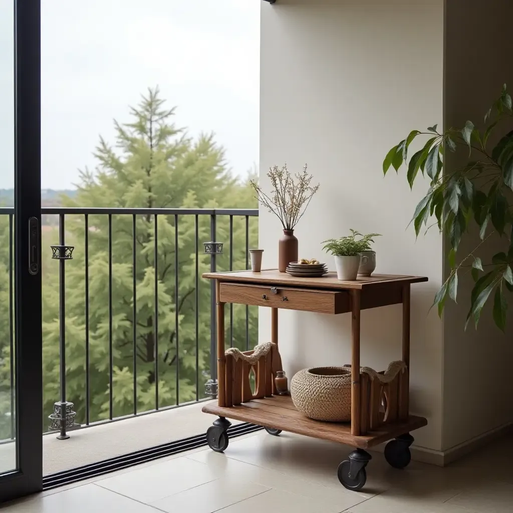 a photo of a balcony featuring a decorative cart for stylish storage