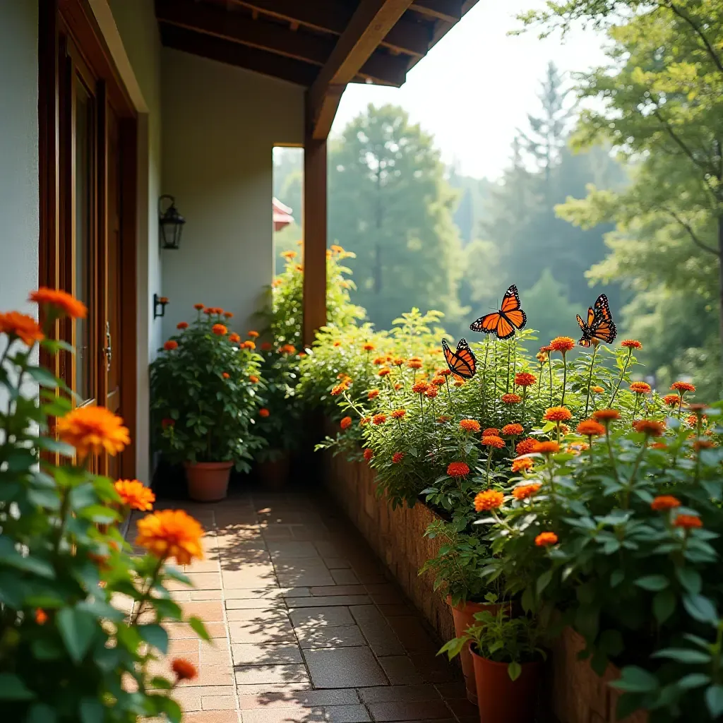 a photo of a balcony featuring a vibrant butterfly garden