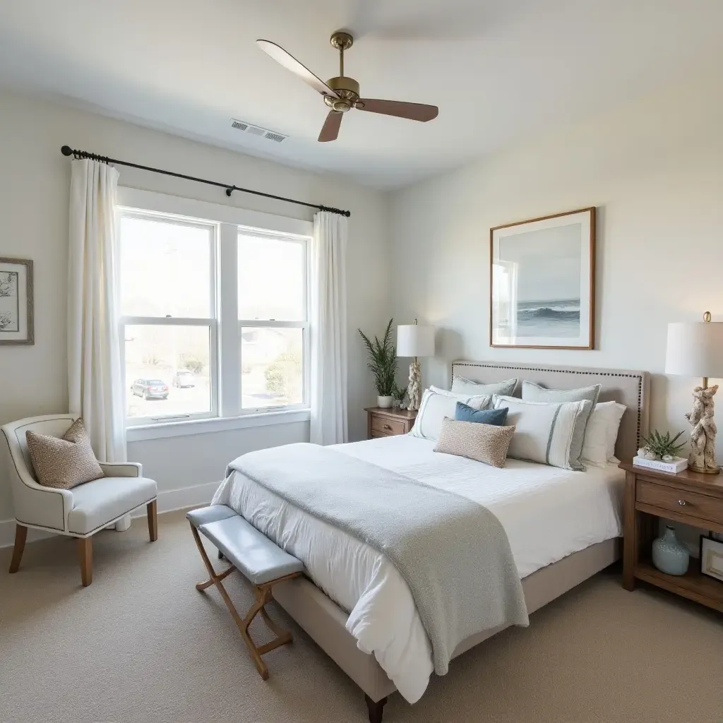 a photo of a coastal bedroom with driftwood accents and nautical-themed decor