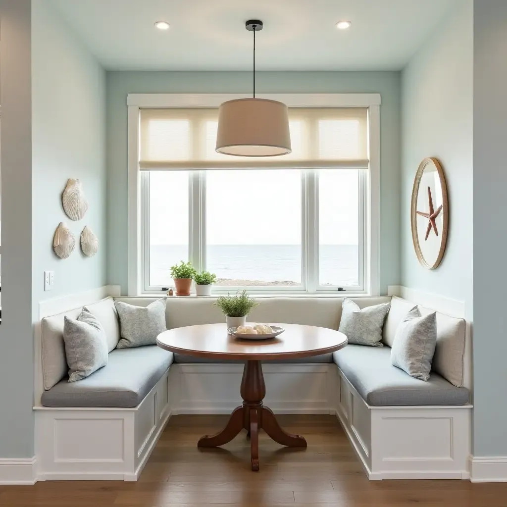 a photo of a coastal-themed breakfast nook with seashell decor and light colors