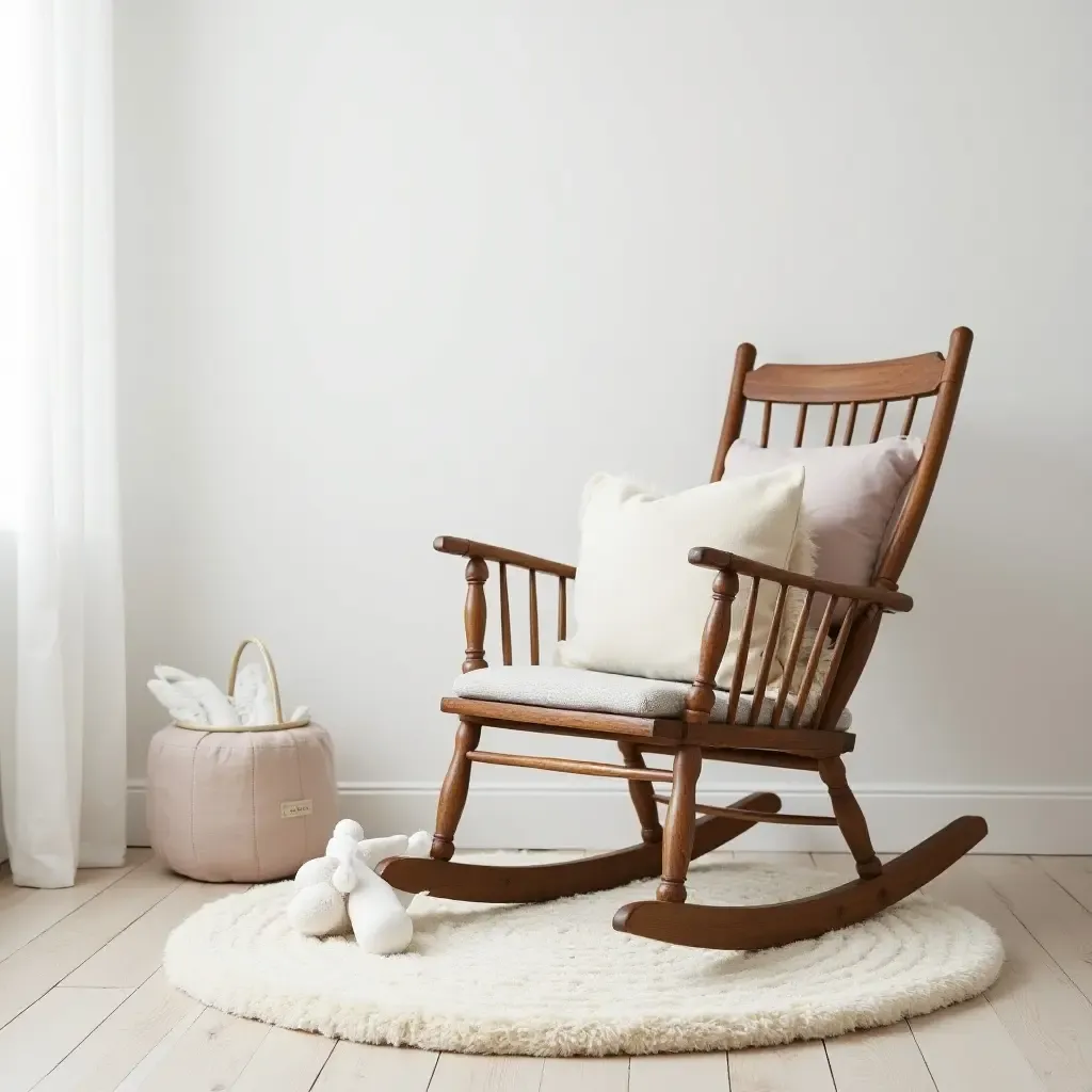 a photo of a nursery showcasing a rustic wooden rocking chair and soft cushions