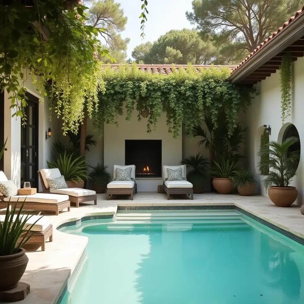 a photo of a pool area with hanging plants and Mediterranean decor