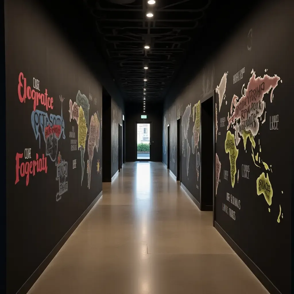 a photo of a corridor with a fun, interactive chalk wall