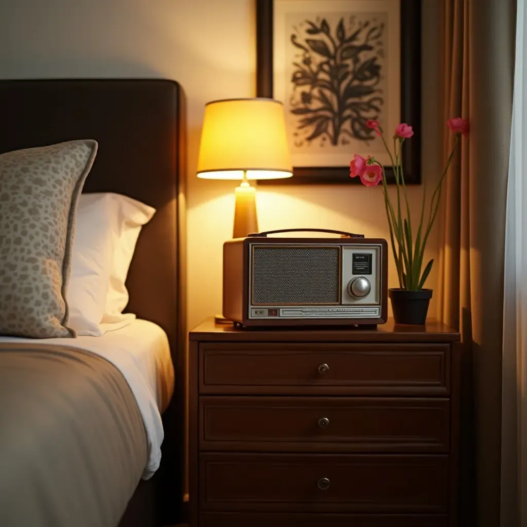 a photo of a nightstand with a vintage radio and retro decor