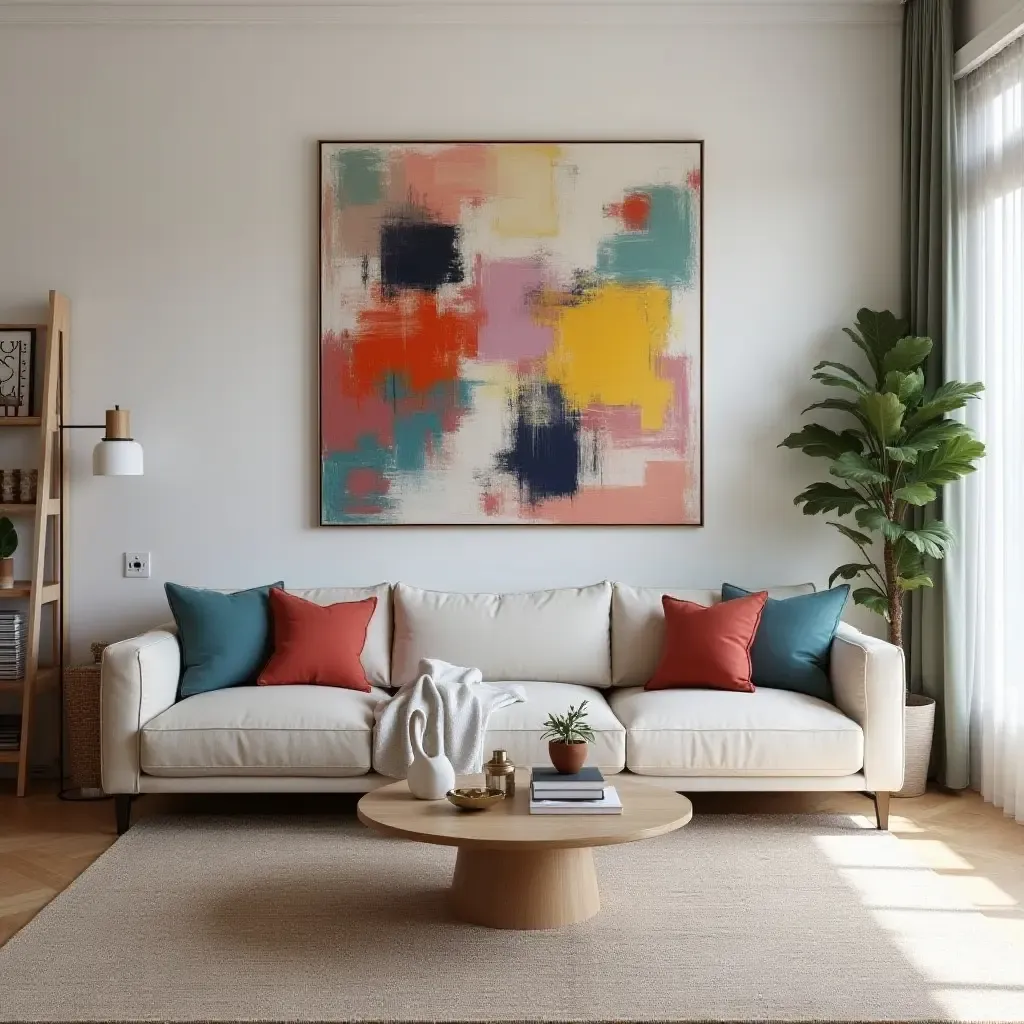 a photo of a living room with a statement wall of colorful art