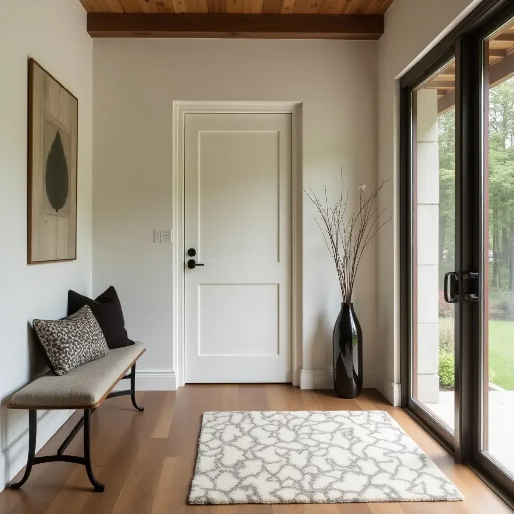 a photo of a functional entrance hall combining durable fabric, sturdy wood, and functional metal