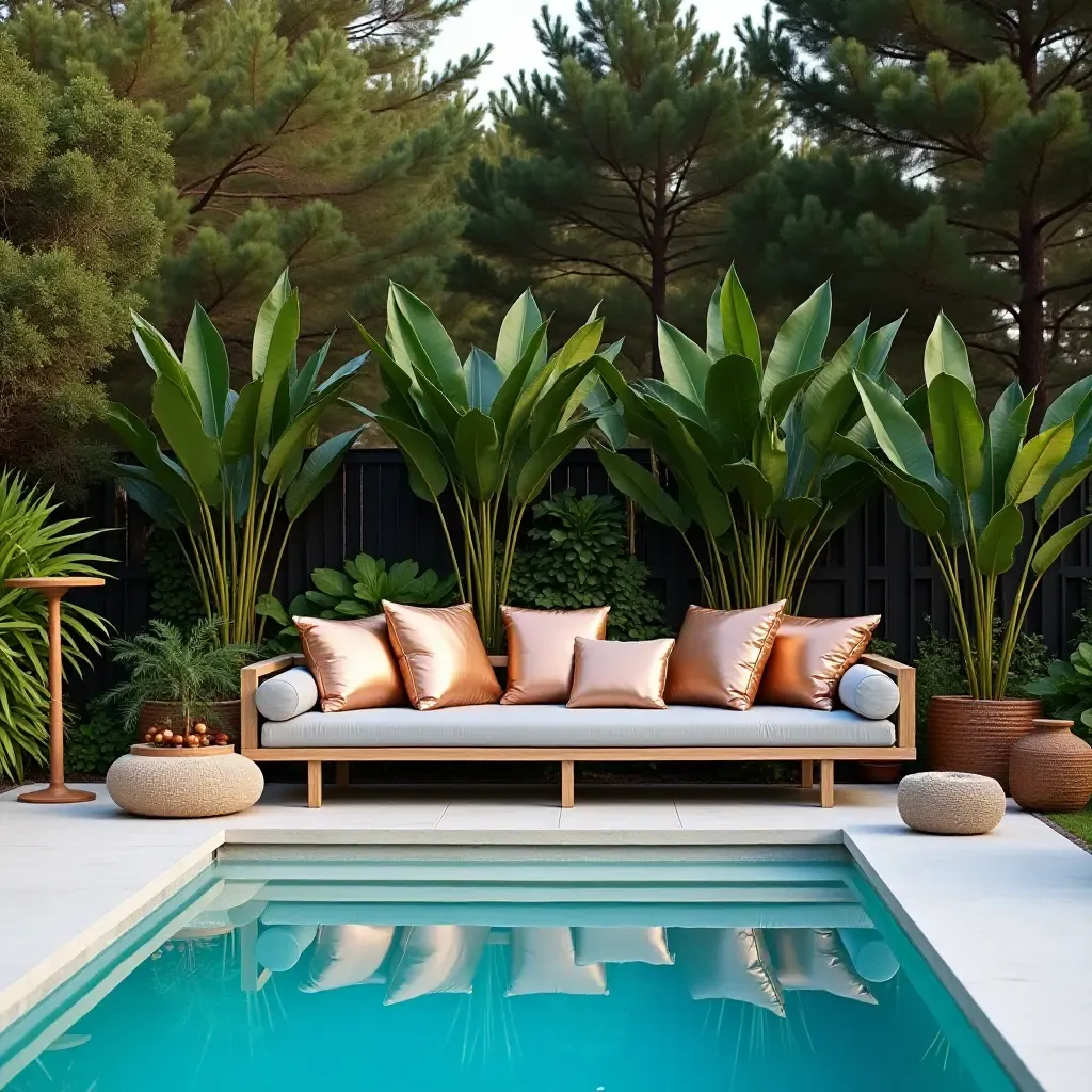 a photo of a stylish pool area with shimmering metallic cushions and decor