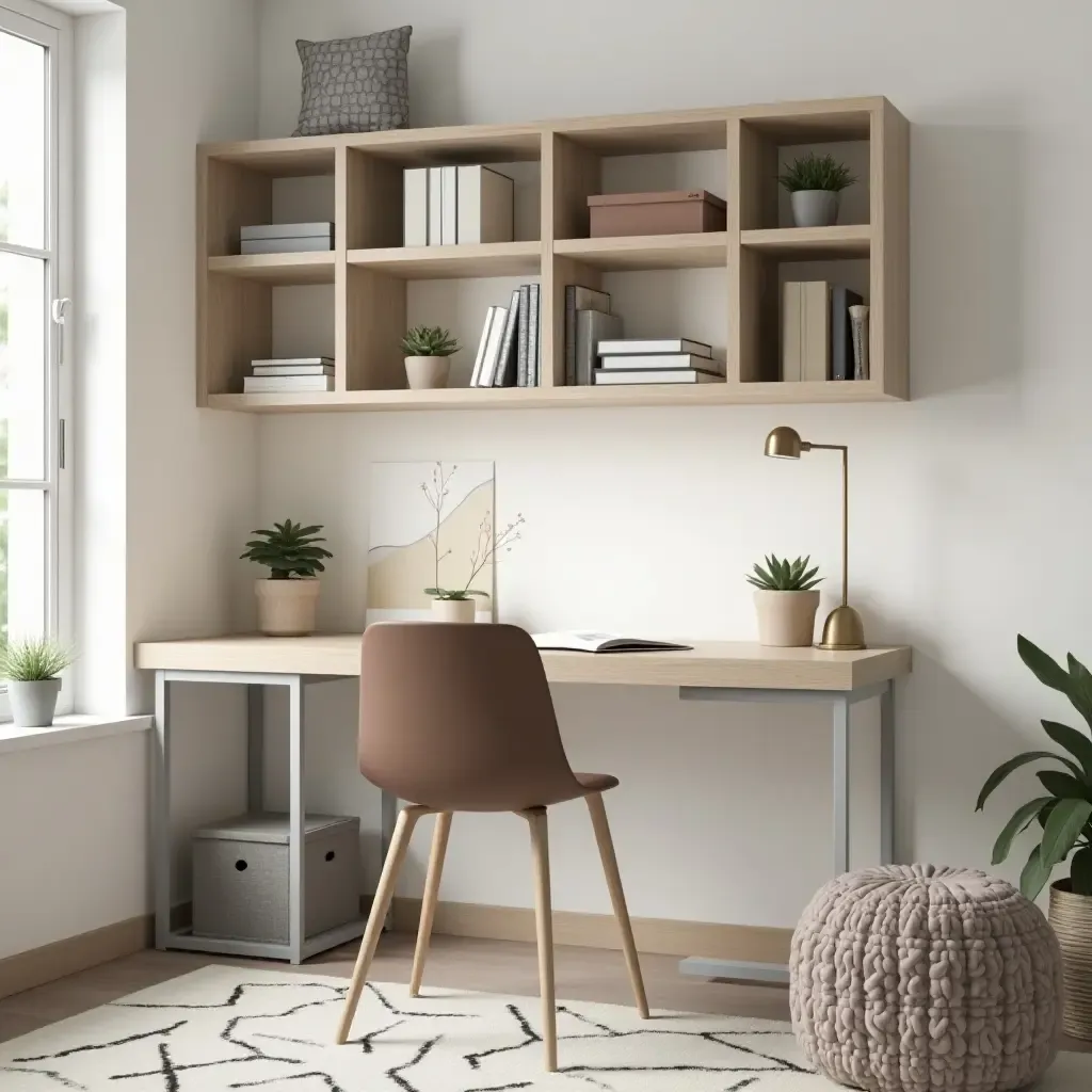 a photo of a modern desk with organized shelves in a teen room