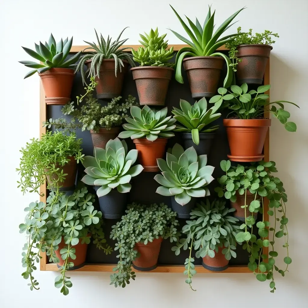 a photo of a wall-mounted plant display with various succulents