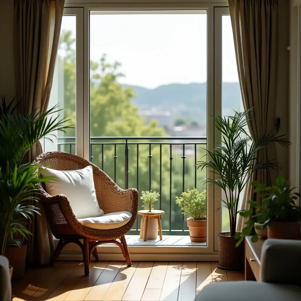 a photo of a balcony with a comfortable reading chair and plants