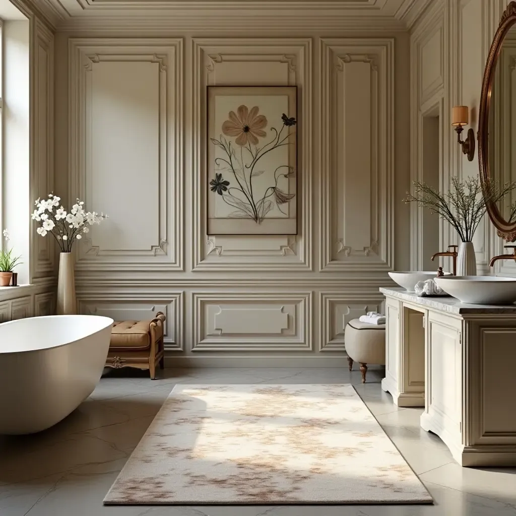 a photo of a sophisticated art deco rug in a glamorous bathroom