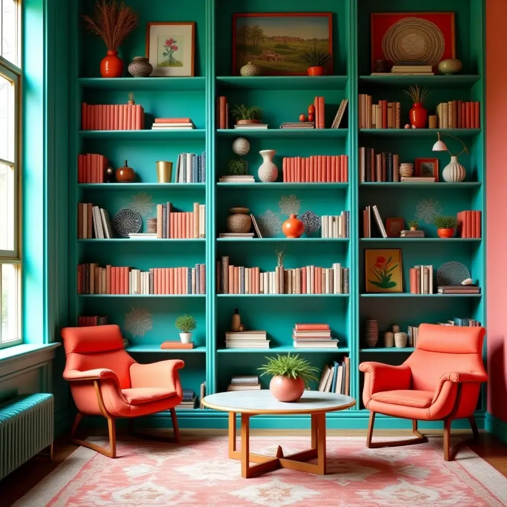 a photo of a lively turquoise and coral library with quirky art pieces