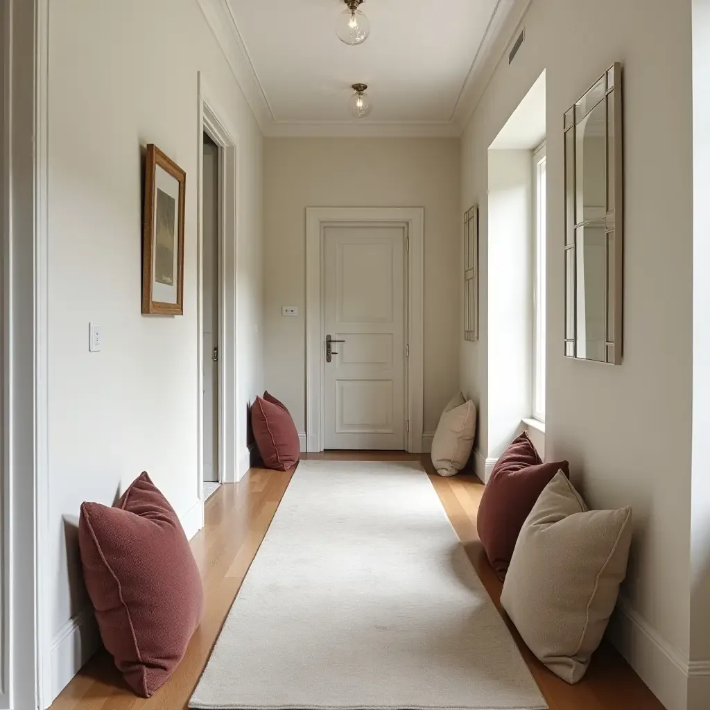 a photo of a chic corridor with decorative throw pillows