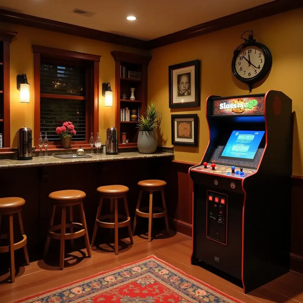 a photo of a basement entertainment area featuring a vintage arcade machine