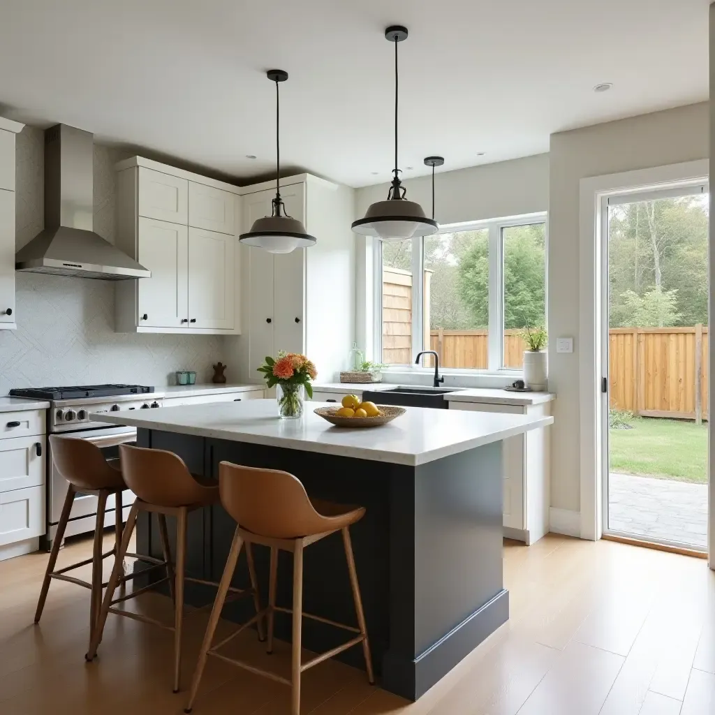 a photo of a breakfast nook with a stylish island and bar seating