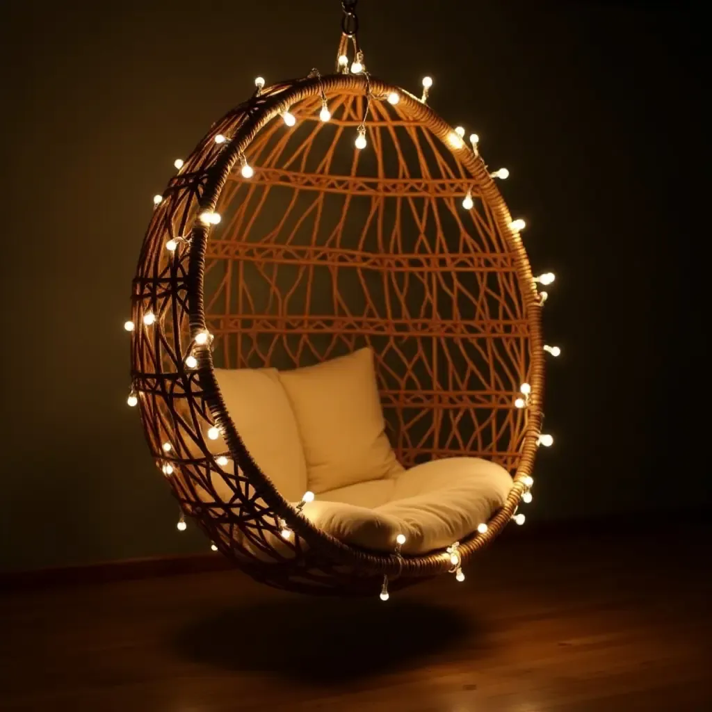 a photo of a bohemian-style hanging chair adorned with fairy lights