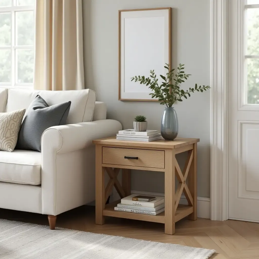 a photo of a living room with a unique farmhouse-style side table