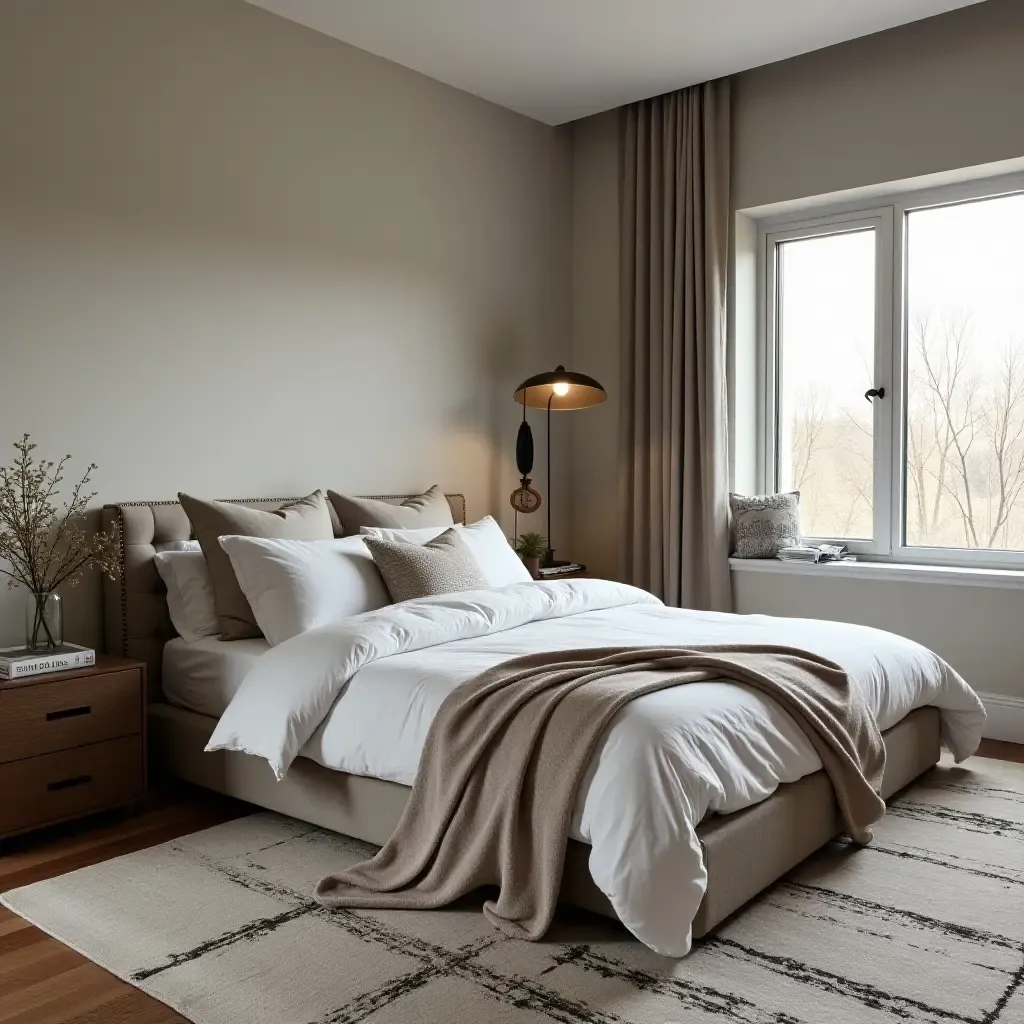 a photo of a cozy bedroom with layered rugs and a mix of textures