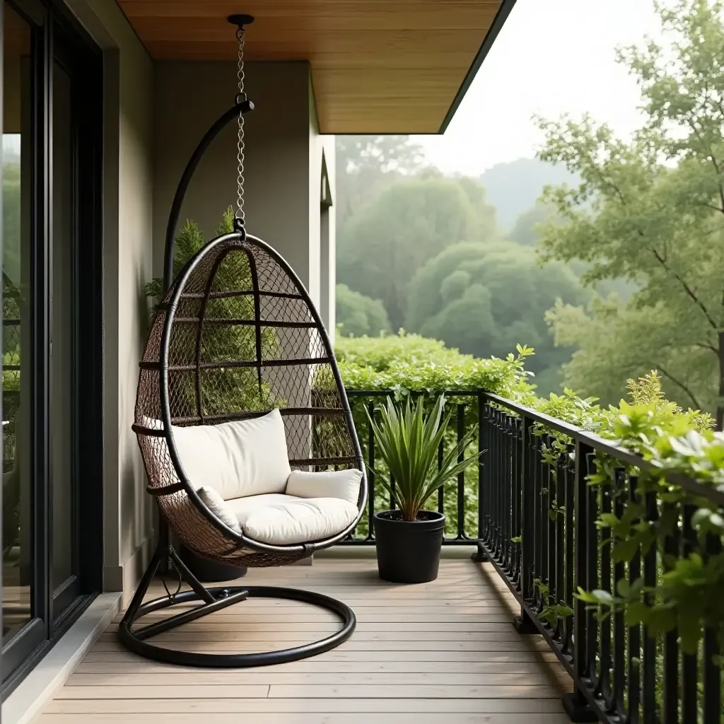 a photo of a balcony showcasing a hanging chair and greenery