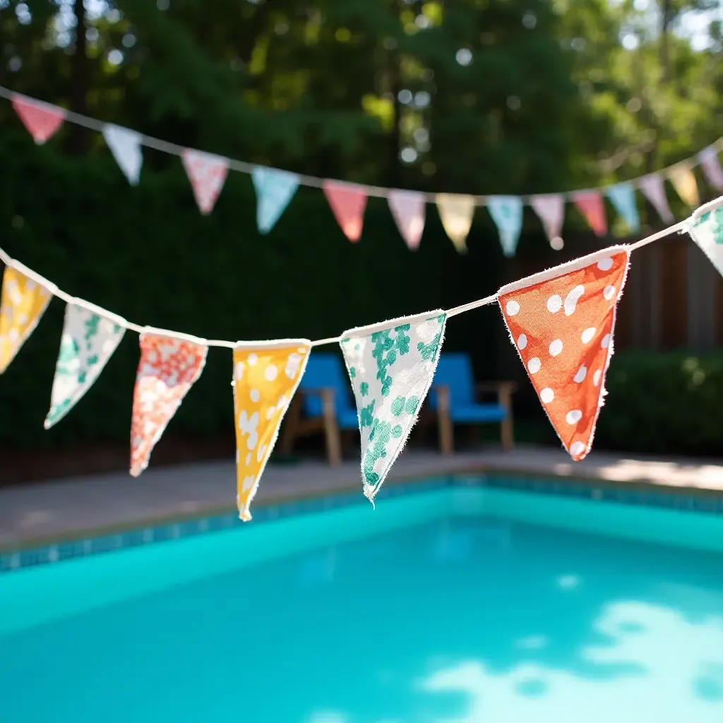 a photo of DIY fabric bunting strung up around the pool