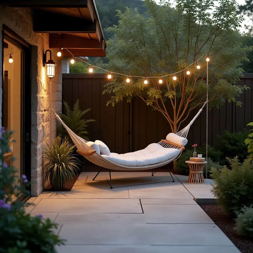 a photo of a cozy concrete patio with a hammock and soft lighting