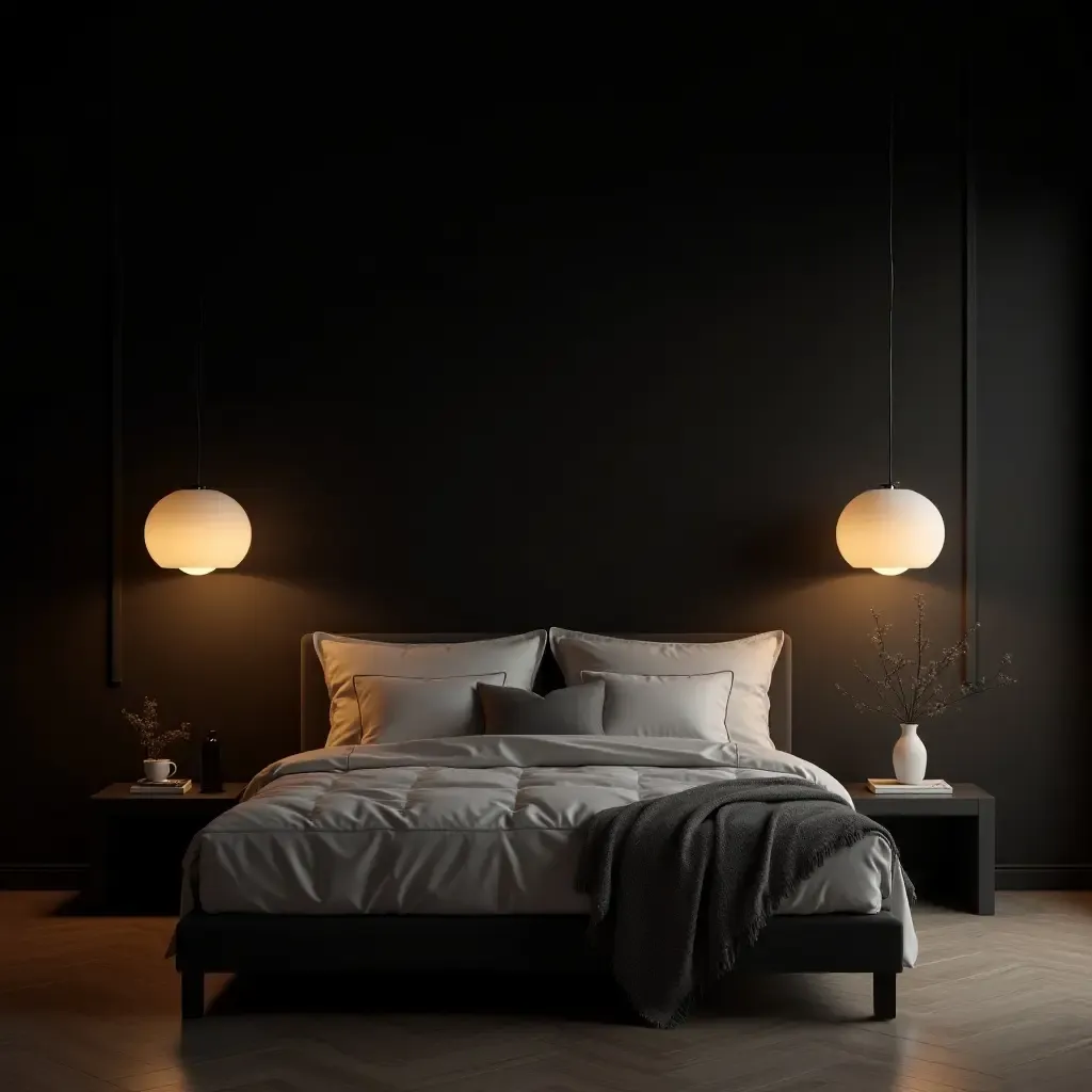 a photo of a dark-themed bedroom with dramatic pendant fixtures