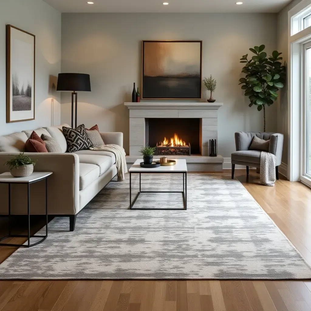 a photo of a textured, layered rug design in a stylish basement