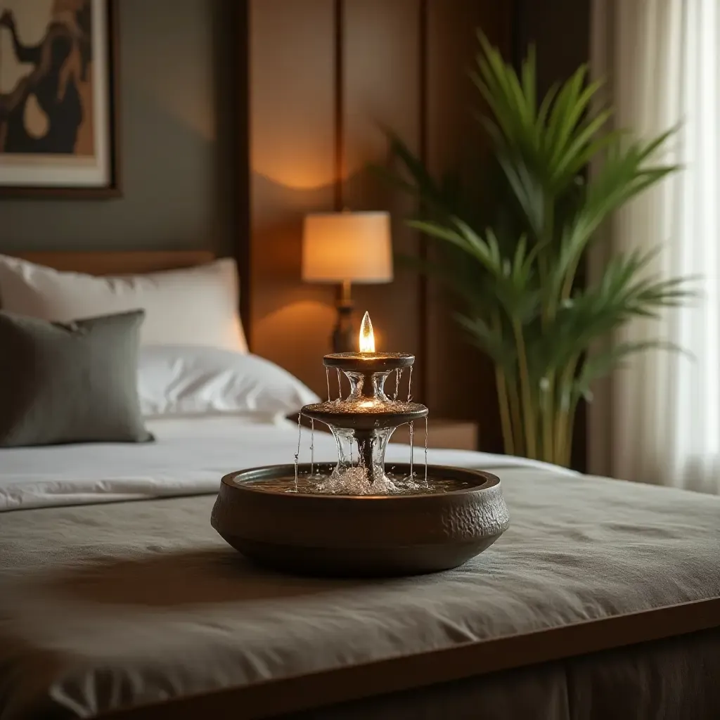 a photo of a small indoor fountain adding tranquility to a bedroom