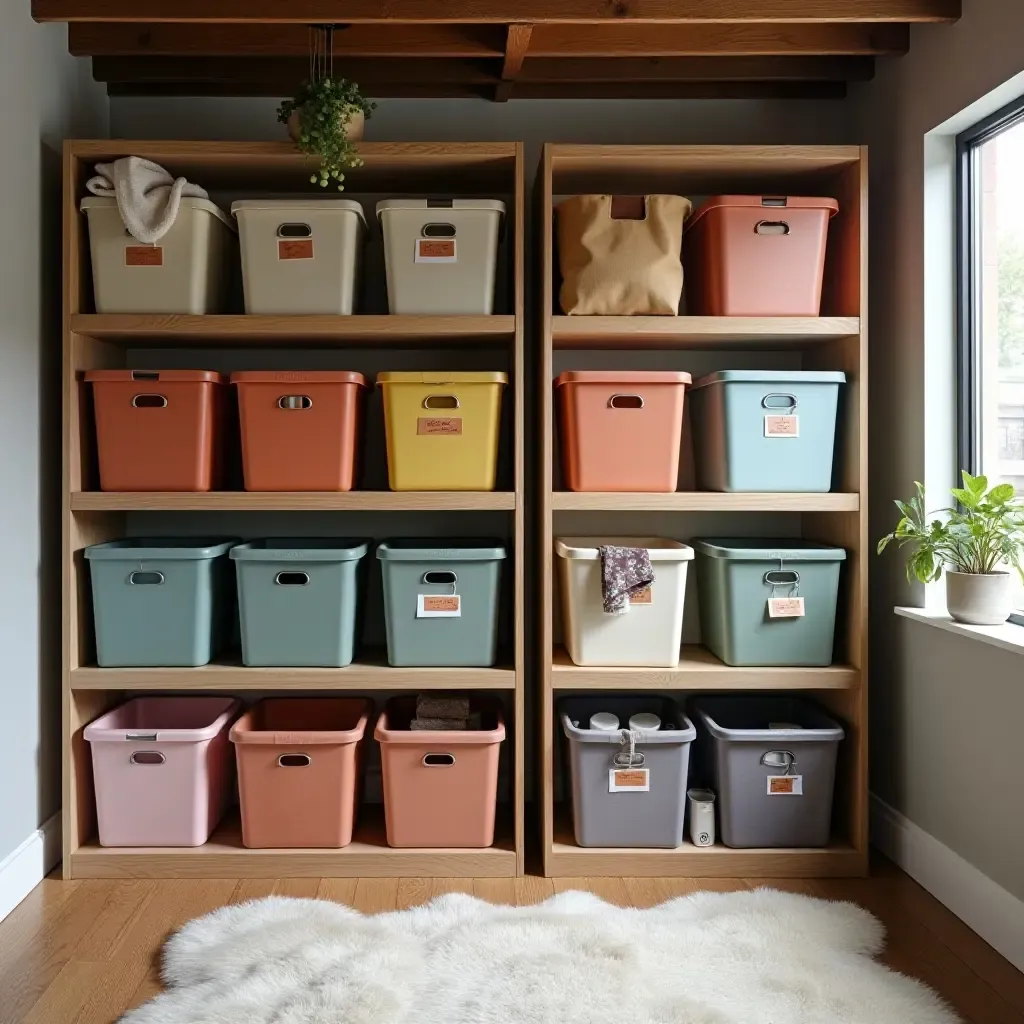 a photo of stylish basement shelves filled with colorful storage bins