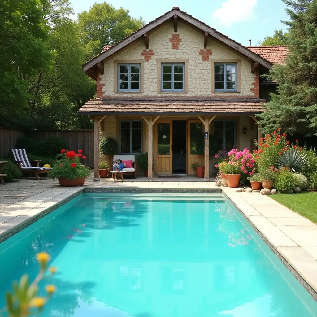 a photo of a charming cottage pool with rustic decor and cheerful flowers