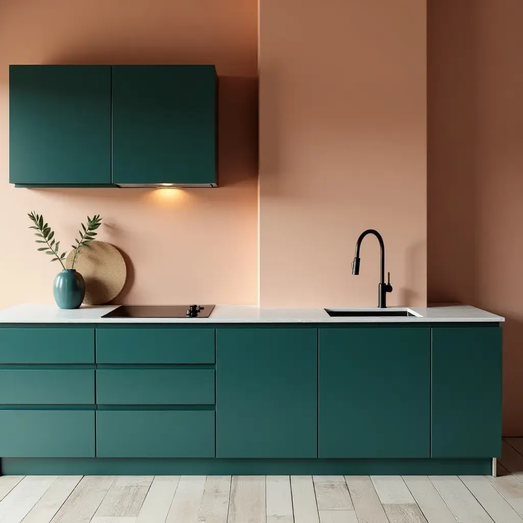 a photo of deep teal and soft peach cabinets in a contemporary space