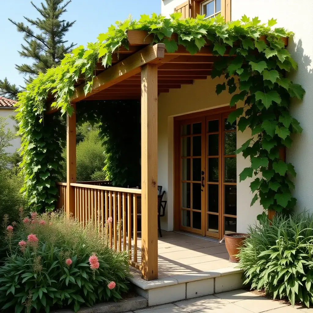 a photo of a balcony with a wooden pergola covered in climbing vines