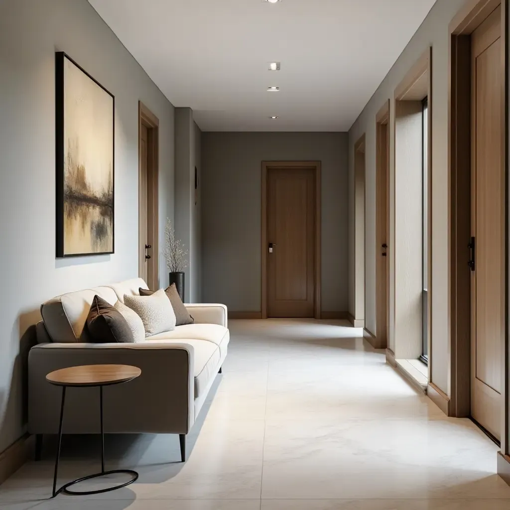 a photo of a contemporary corridor with a sleek loveseat and decor