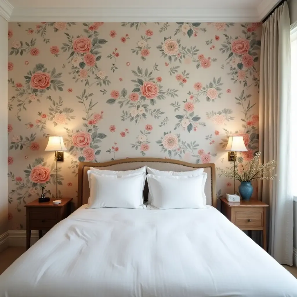 a photo of a floral wallpaper accent wall behind a bed in a cozy bedroom