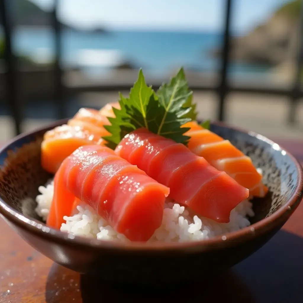 a photo of a traditional Japanese dish, kaisendon, with fresh sashimi on rice, vibrant colors, coastal setting