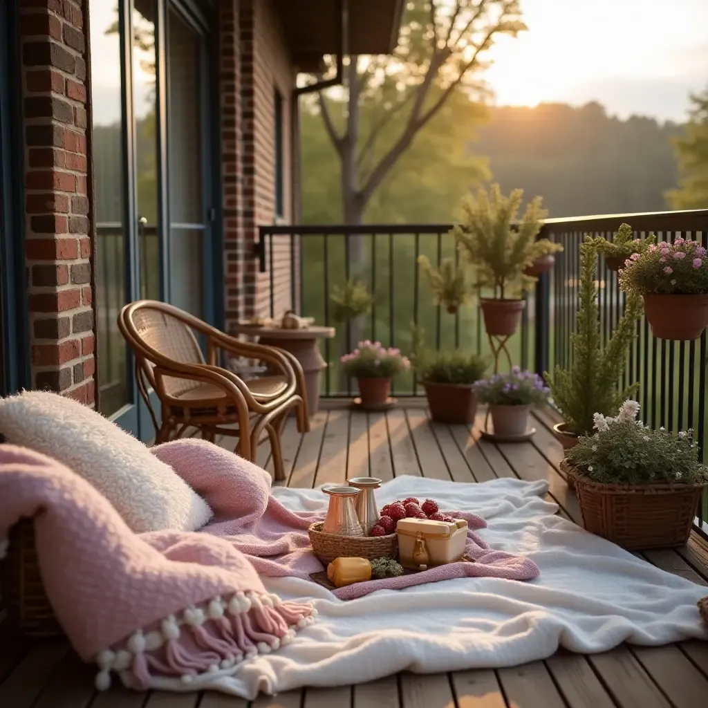 a photo of a balcony with a picnic setup and cozy blankets