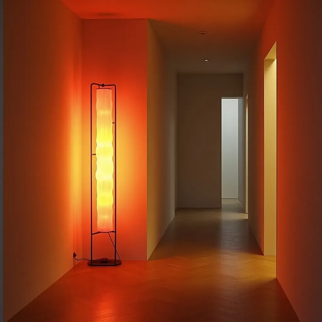 a photo of a corridor with a unique, colorful floor lamp