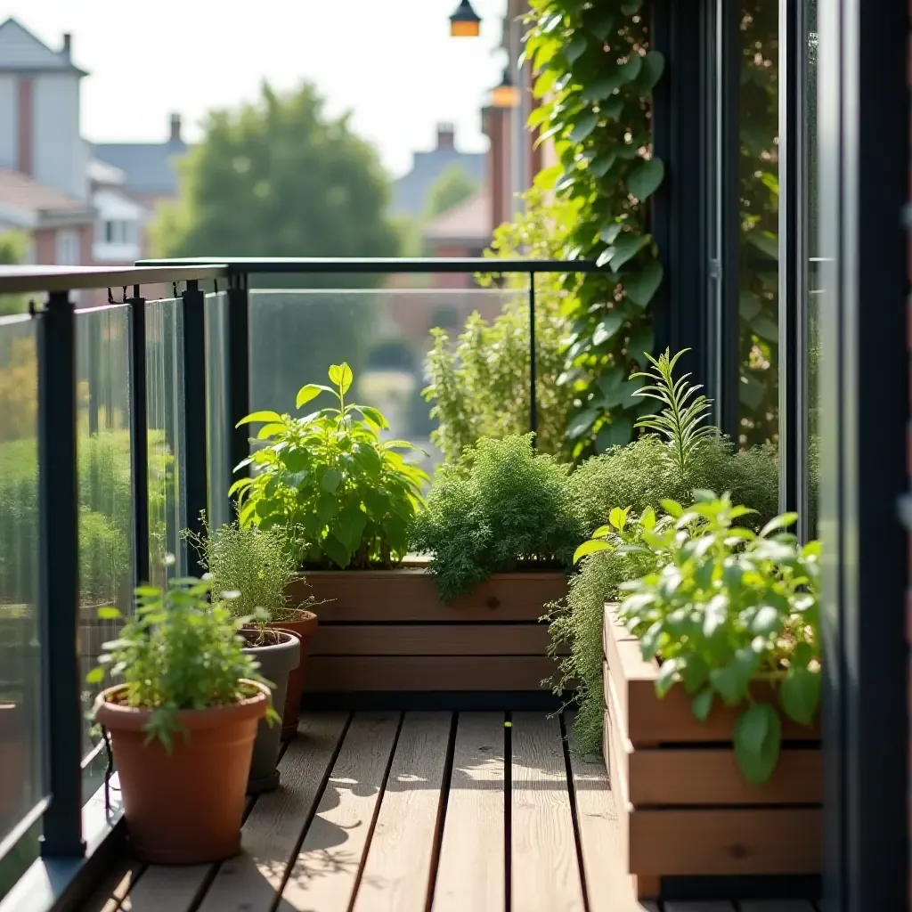 a photo of a balcony with a small herb garden and stylish storage ideas