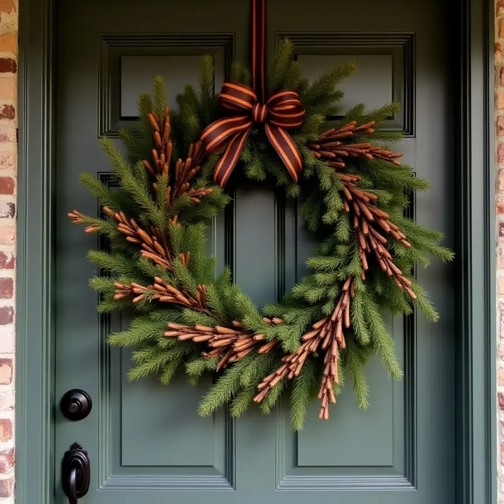 a photo of a seasonal wreath hanging on a rustic front door