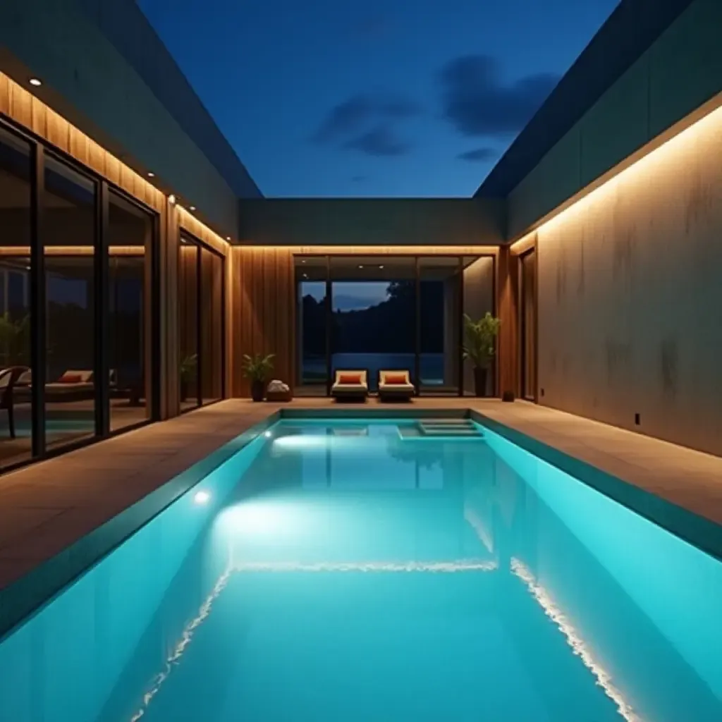 a photo of a minimalist pool with sleek recessed lighting