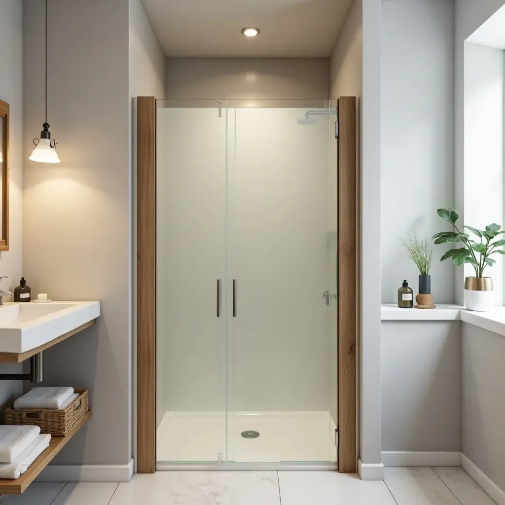 a photo of a wooden shower door with frosted glass in a contemporary bathroom