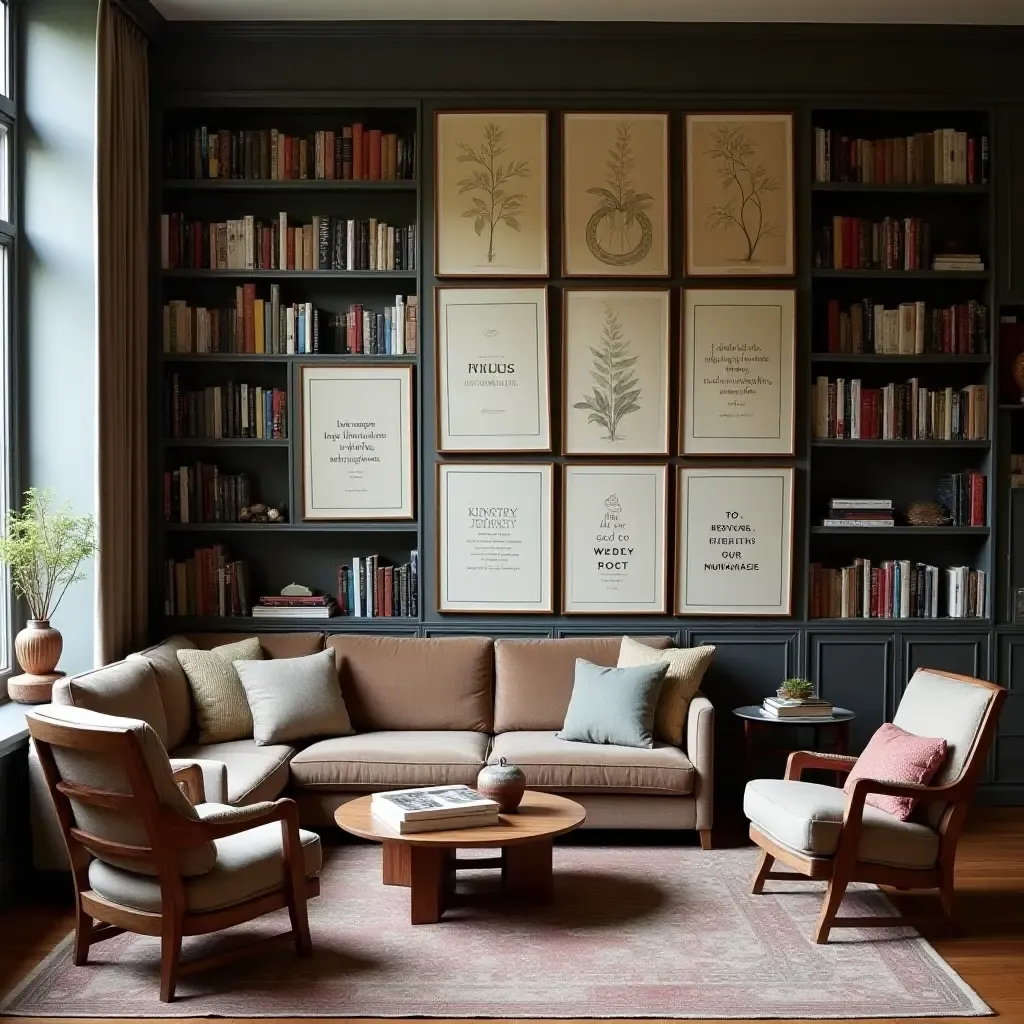 a photo of a home library with a gallery wall of framed literary quotes