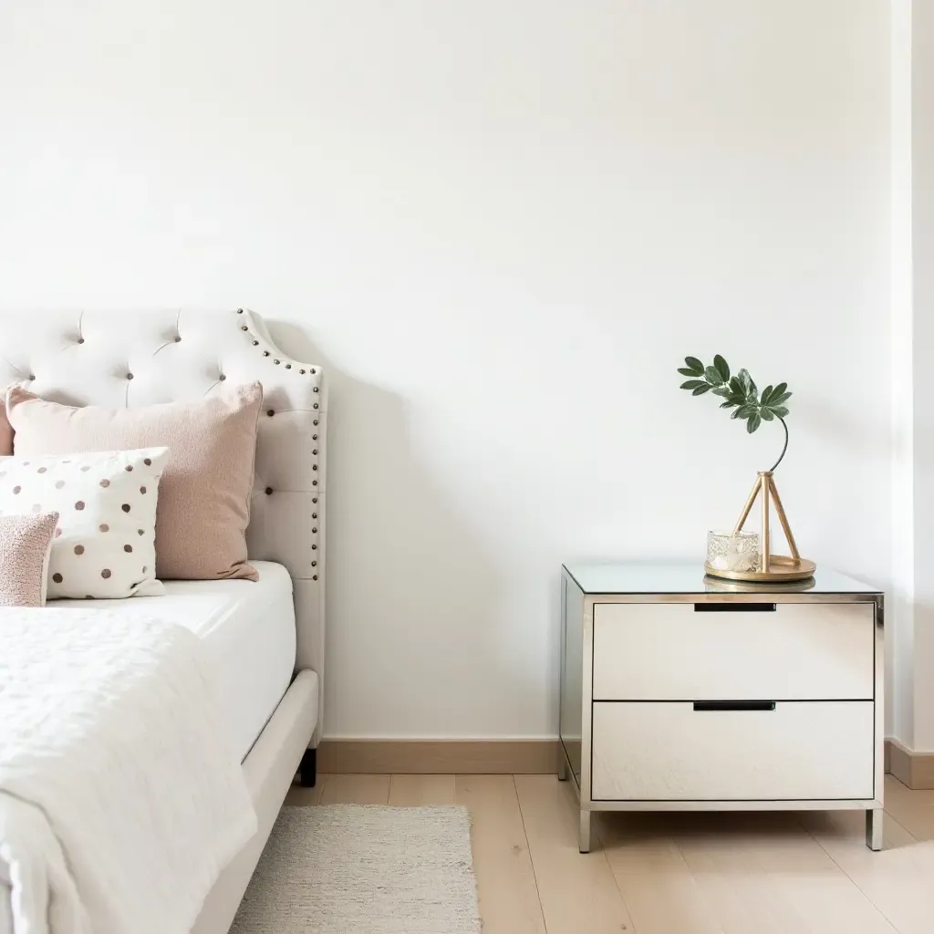 a photo of a nursery featuring mirrored nightstands for brightness